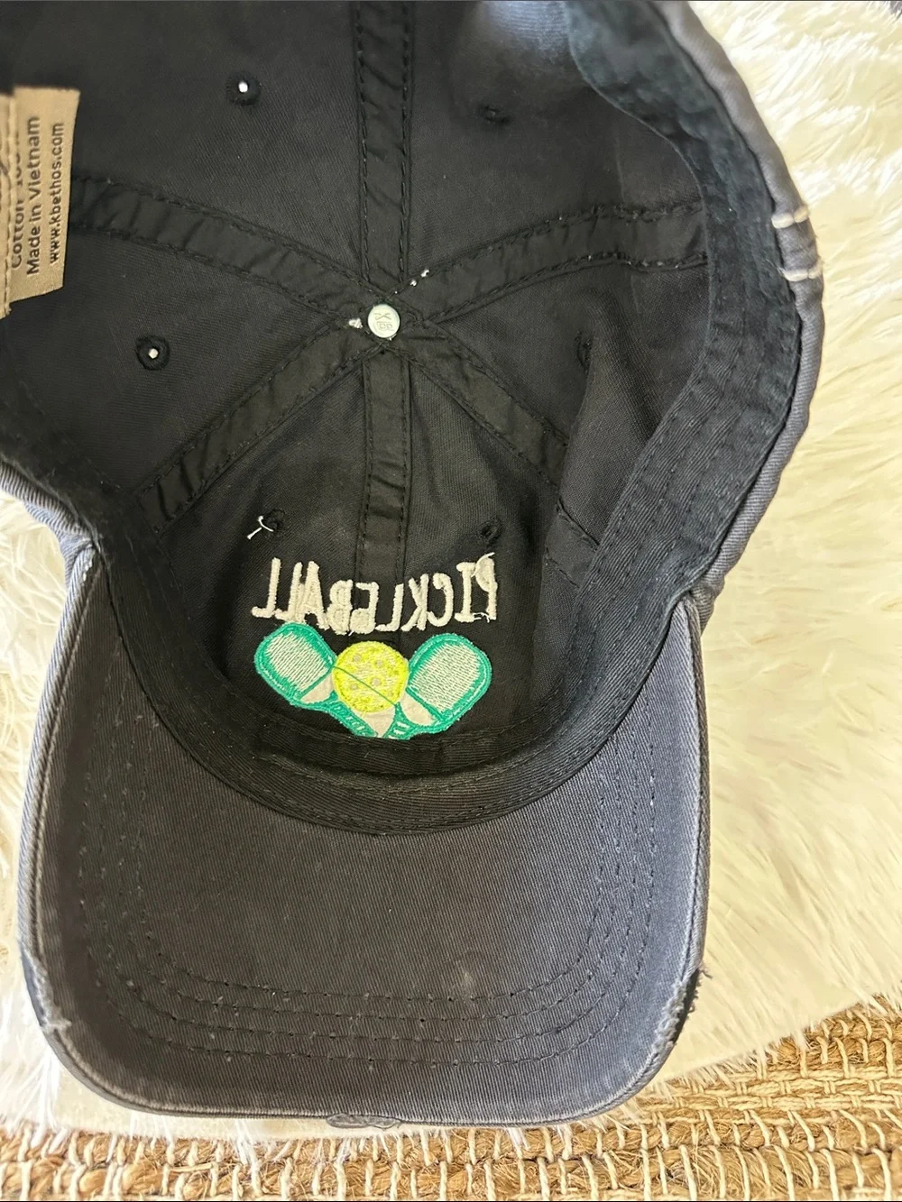 Destressed denim women’s cap with Teal and Yellow Pickleball Embroidery
